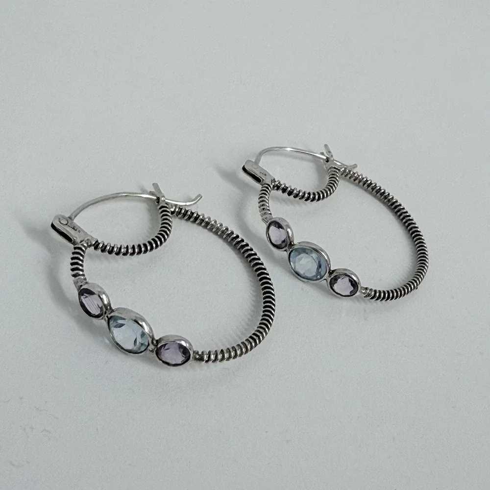 Large Sterling Thin Cable Hoops Amethyst and Blue Topaz 6 Grams Pierced Ears